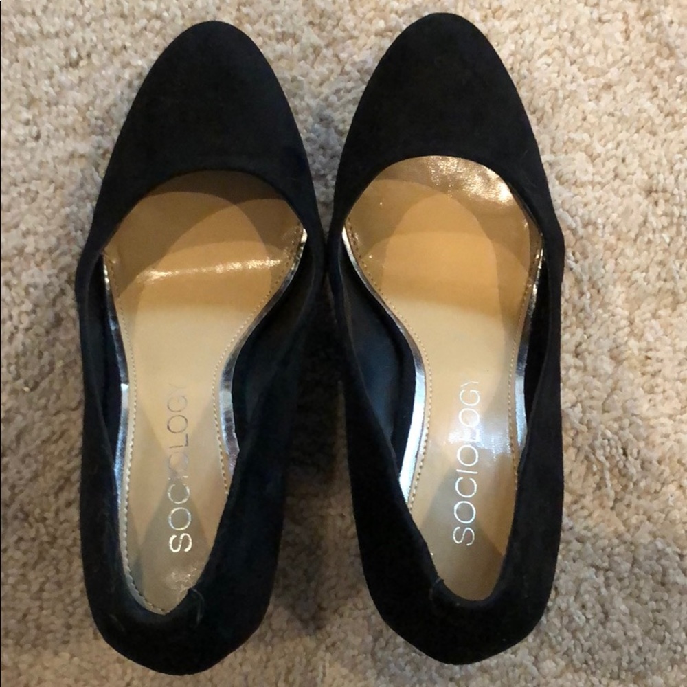 Black faux micro suede wedge shoes.